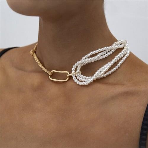 Punk Pearl Metal Chain Asymmetrical Necklace for Women Men Girls Teens Exaggerated Necklaces Jewelry Gift 2021 Trend New Arrival