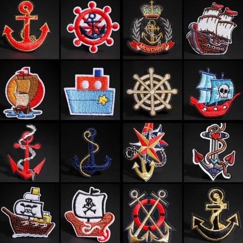 Cartoon Pirate Ship Anchor Clothes Patches for Stripes Clothing Stickers Iron on Appliques 3D Diy Sailboat Embroidery Badges