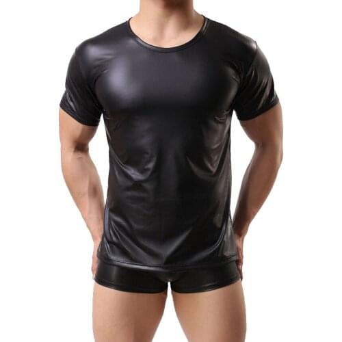 Mens Sexy Pullover Patent Leather Vest Bar Stage Show Faux Leather Short Sleeve Doublet Tees Tight Short-Sleeved Tops T-Shirt