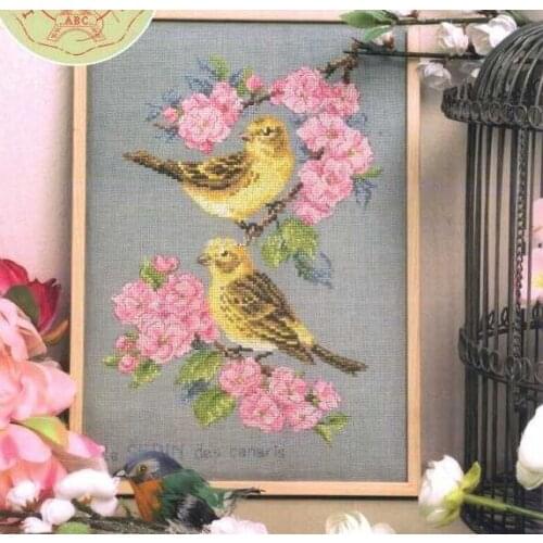 14/22/25ct Beautiful Counted Cross Stitch Kit Etude au Serin Serine Bird Birds and Pink Flowers