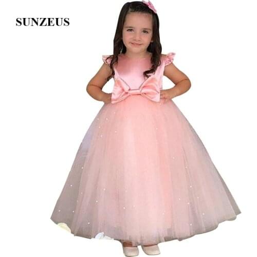 Pink Flower Girl Dresses With Pearls Satin Cap Sleeves Kids Party Dress With Bow Puffy Long Tulle Children Formal Gowns