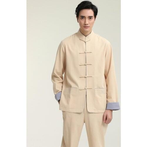 New Beige Men Casual Fit Mandarin Collar Cotton Linen Shirt Chinese Kung Fu Tai Chi Tops Long Sleeve Clothing M L XL XXL XXXL