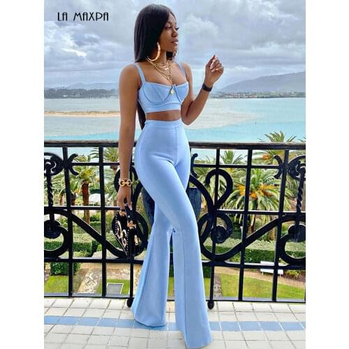 Sexy Spaghetti Strap Crop Top and Wide Leg Long Pants Bandage 2 Two-Piece Set 2021 Summer New Womens Celebrity Club Party Suit