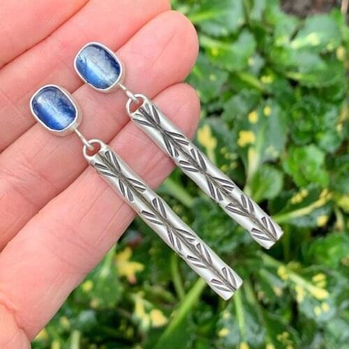 Tribal Thin Metal Rod Bar Blue Stone Earrings Boho Small Jewelry Antique Silver Color Carved Pendant Dangle Earrings