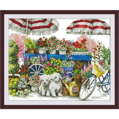Puppy Sunny Flower Shop Chinese Count Cross Stitch Pattern Kit 14CT and 11CT Embroidery Kit Set DMC Cross Stitch Home Decoration