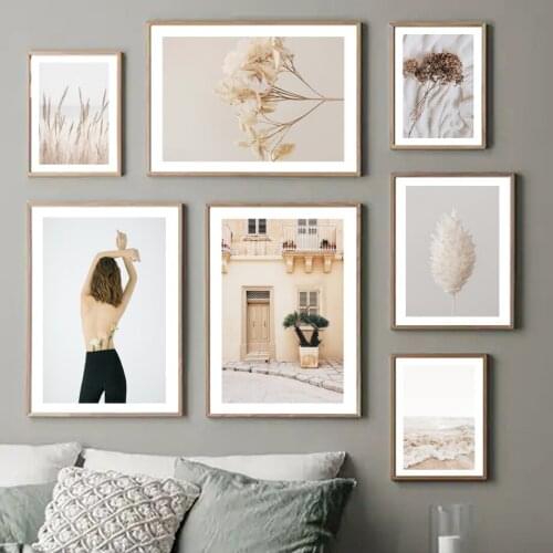 Nordic Poster Beige Reed Dried Flowers Waves Steps Sexy Girl Wall Art Print Canvas Painting Wall Pictures For Living Room Decor