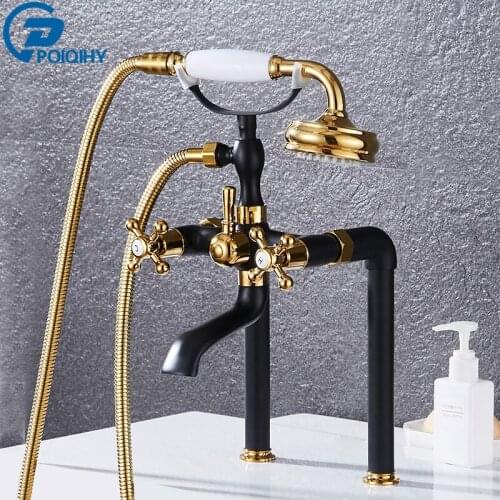 POIQIHY Black Golden Bathtub Faucet Side Mounted Bathroom Tub Mixer Tap Deck Mounted Rotating Spout Tap Telephone Style Faucet