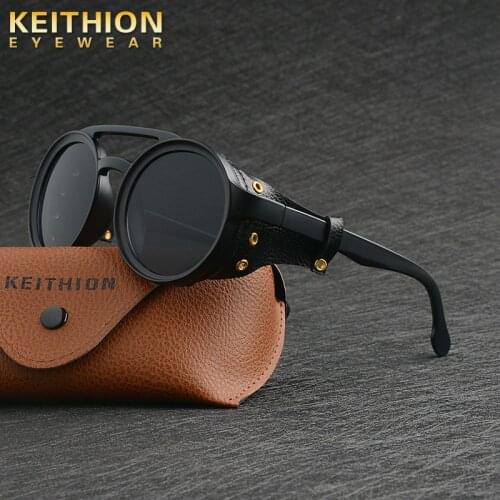 KEITHION Men Steampunk Goggles Sunglasses Women Retro Shades Fashion Leather With Side Shields Style Round Sun Glasses UV400