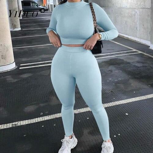 YiDuo Tracksuit Women Round Neck Long Sleeve Crop Top + Leggings Matching Set Stretchy Sporty Fitness Casual Outfits 2 Piece Set