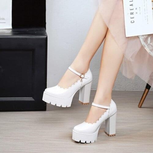 2021 Spring Coarse Heel Single Shoe Female Waterproof Platform High Heel Female Shoes Shallow Buckle Belt Round Head A-129