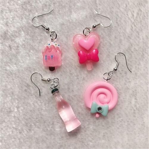 1Pair Drop Earrings Cute Pink Color Ice Cream and Candy Food Handmade Flatback Resin Earrings Jewelry For Woman And Children