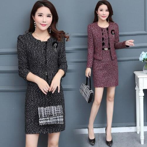 High Quality Autumn Woolen Dresses Sets Chains Short Woolen Jacket Slim Pencil Dress Two Piece Set Womens Woolen Dress Suits