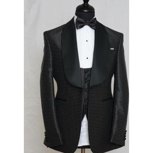 High Quality One Button Black Polka Dot Groom Tuxedos Shawl Lapel Groomsmen Mens Wedding Prom Suits (Jacket+Pants+Vest+Tie)NO:50