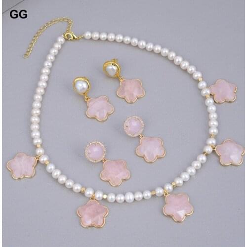 GuaiGuai Jewelry Unique Statement Natural Cultured Pearl Rose Quartzs Flower Gold Color Plated Chocker Necklace Earrings Sets