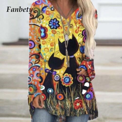 Fashion Animal Cat Print Women Tee Shirt Autumn Casual Long Sleeve Loose T-Shirt 2020 Ladies New V Neck Tops Pullover Streetwear