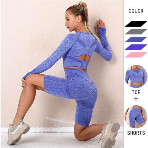 Women Sports Wear Casual Set Workout Clothes Athletic Wear Sports Gym Shorts Seamless Fitness Thumb Hole Long Sleeve 2PCS Sets