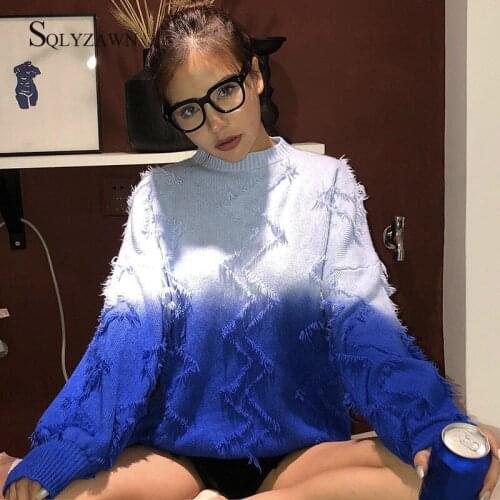 Gradient Color Blue Casual Sweaters Women 2019 Autum Winter O-neck Knitwear Sweater Oversize Tassel Knitted Pullovers Jumpers