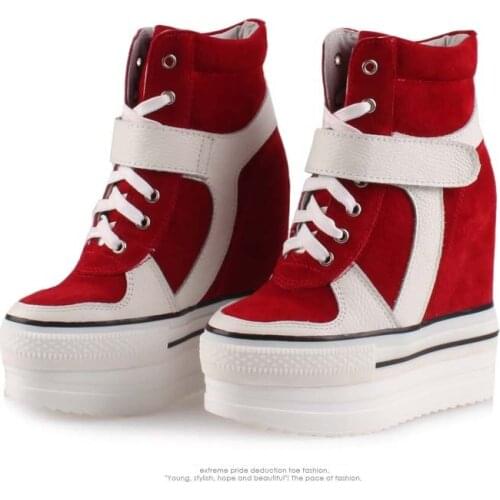 2017 autumn new arrival high top wedges heel platform casual shoes Invisible cow suede boots Elevator female height increasing