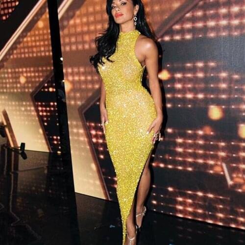 Sparkle Sequin Halter Evening Dresses Long Luxury 2021 Gorgeous Yellow Slit Prom Gowns Mermaid Eleglant Custom vestido de fiesta