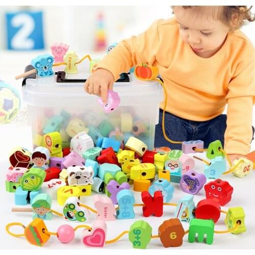 Wooden Threading Building Blocks Beads Alphanumeric Fruit Animal Color Perception Enlightenment Early Educational Cognitive Toys