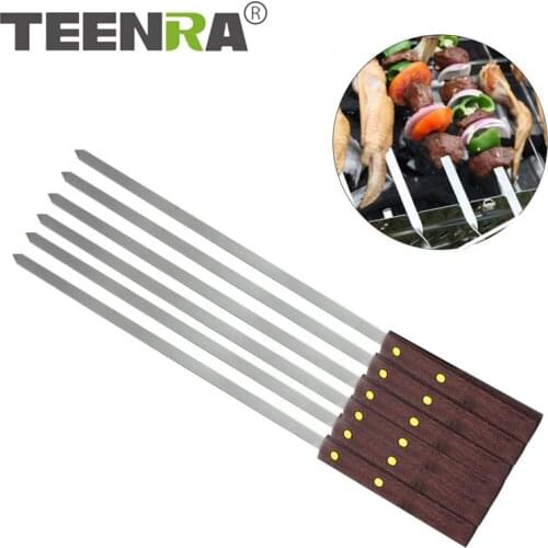 TEENRA Stainless Steel BBQ Skewers Long Handle Barbecue Needle Fork Shish Kebab Turkish Grill Skewer Camping Panic Tool