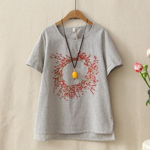 Summer Vintage Tees Tops Femme Short Sleeve Grey Loose Clothes 2021 Retro Floral Embroidery Cotton Linen T-Shirt Women Comfort