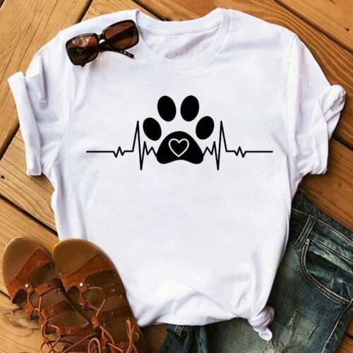 Heartbeat Dog Lover Printed shirts for Women T Shirt Kawaii Bear Paw Tshirt Harajuku Summer white Short Sleeve Female Tops Tees