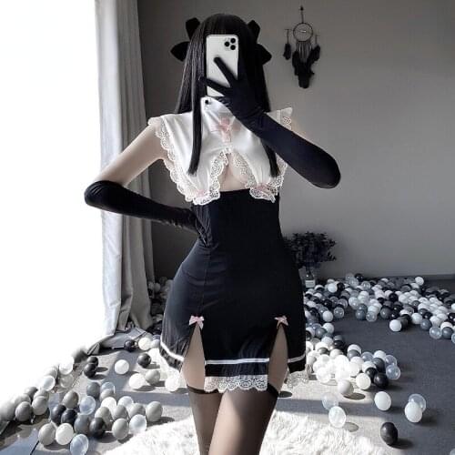 Anime Nuns Cosplay Outfit For Women Kawaii Lace Sexy Costumes Sleeveless Halter Japanese Uniform Hollow Slim Fashion Dress 2021