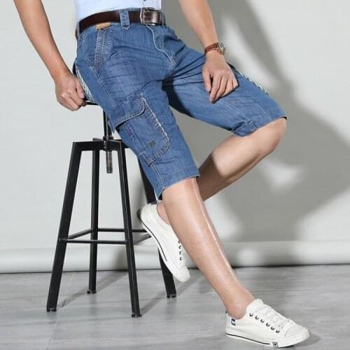 Fashion Summer New Brand Mens Short Jeans Cotton Calf-Length Denim Pants Pocket Loose Baggy Wide Leg Straight Cargo Pants