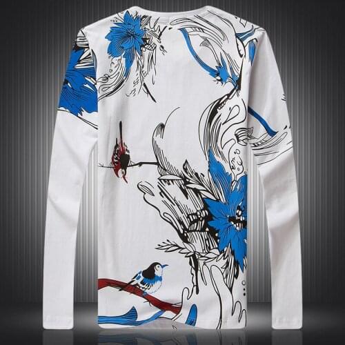 Chinese style bird pattern printing fashion v-neck long sleeve t shirt Autumn 2018 New quality cotton boutique t shirt men M-4XL