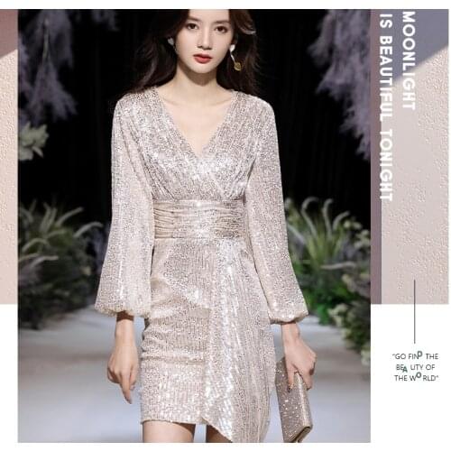 New Apricot Sequins Beading Party Dress V-neck Long Lantern Sleeve Slim Sexy Vocation Party Elegant Dress Vestido Mujer 2021