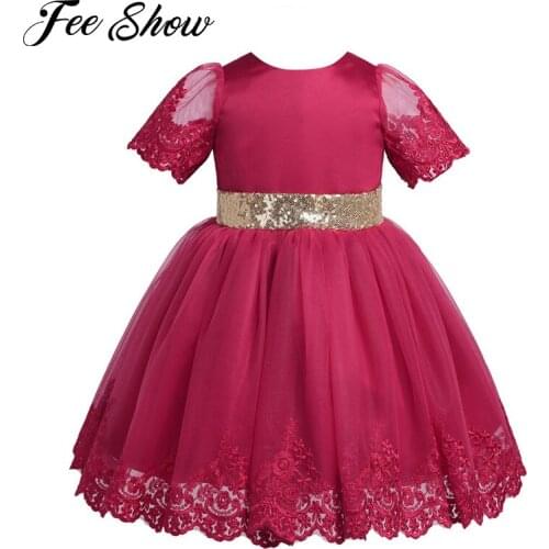 Baby Girls Embroidered Short Sleeves Sequined Bowknot Flower Girl Dress Princess Pageant Wedding Bridesmaid Birthday Party Dress