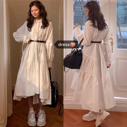 Korean Chic Womens Shirt Long Dress Full Sleeve Sweet Girls Super Fairy Polo Collar Casual Loose Mid-length French Retro Female