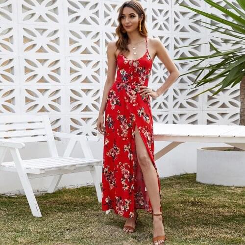 Dresses for Women 2021 Boho Floral Printed V-Neck Backless Spaghetti Strap Fashion Split Casual Lace Up Maxi Dress Sundress