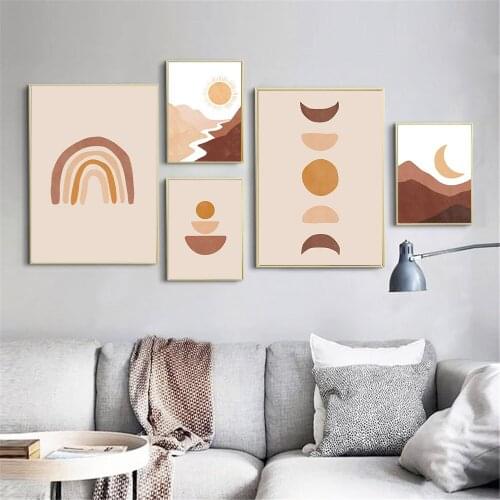 Sun And Moon Scene Poster Rainbow Abstract Landscape Wall Art Canvas Prints Boho Painting Mid Century Wall Pictures Home Decor
