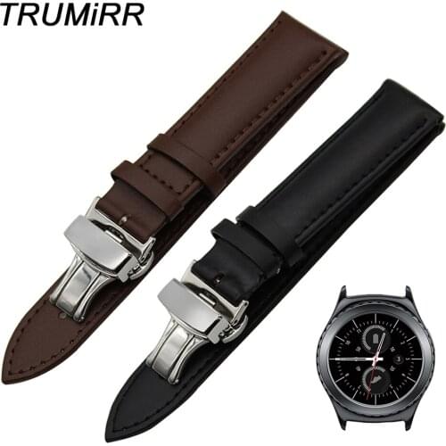 20mm Genuine Leather Watch Band for Samsung Gear S2 Classic R732 / R735 Moto 360 2 42mm Mens Butterfly Buckle Strap Bracelet