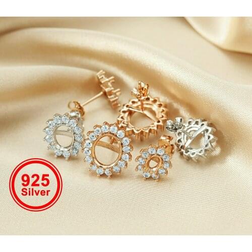 Multiple Size Oval Solid 925 Sterling Silver Rose Gold Tone DIY Prong Studs Earrings Settings Bezel with Cubic Zirconia 1706019