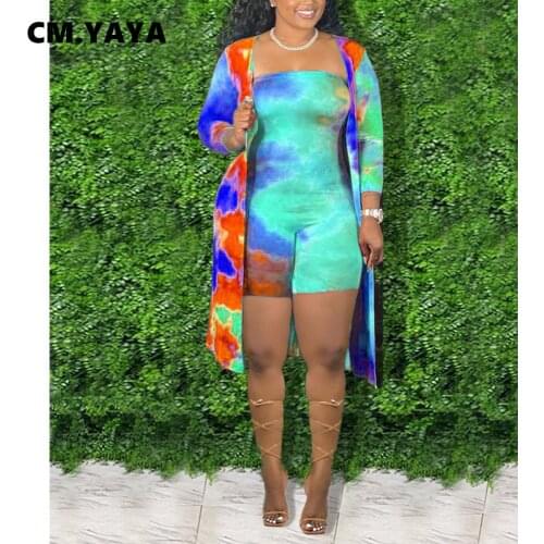 CM.YAYA Women Set Tie Dye Strapless Playsuit Full Sleeve Long Cloak Two 2 Piece Sets Active Tracksuit Summer Outfits 2021