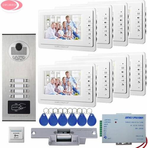 7" Screen Apartment Video Intercom Door Phone System 8 Monitors RFID Access Door Camera For 8 Family House +Electric Strike Lock