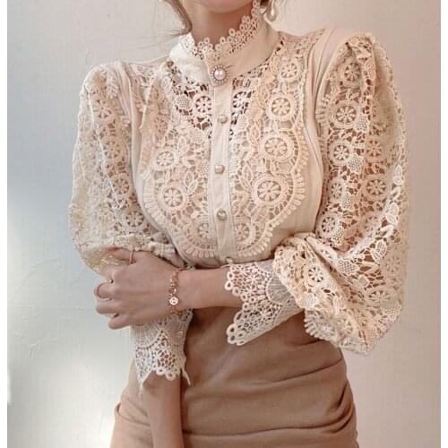 2021 New Lace Flower Hollow Out Womens Shirts Elegant Patchwork Stand Collar Female Blouses Fashion Petal Sleeve Button Tops