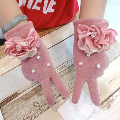 Lotus Cashmere Gloves Fashion Korean Version of The Same Paragraph Pink Girls Thick Warm Five-Finger Touch Screen Gloves Women
