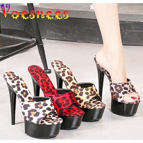 Voesnees Summer Slippers Women 2021 High Heels 15cm 17 CM Leopard Print Slip-On Platform Slides Sexy Catwalk Shoes Club Sandals