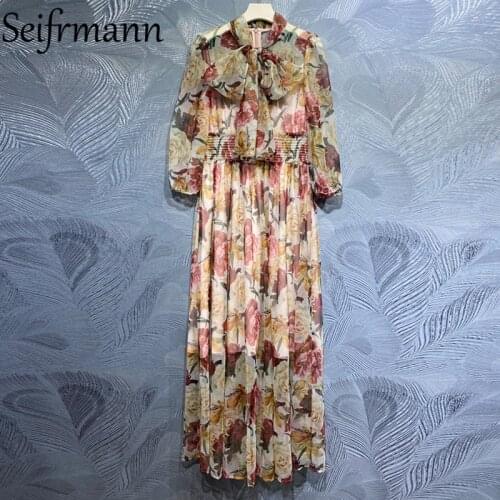 Seifrmann New 2021 Summer Women Fashion Runway Long Dress Lantern Sleeve Bow Ruffles Elastic Waist Floral Print Holiday Dresses