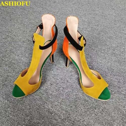 ASHIOFU Handmade Ladies High Heel Sandals Real Photos Simple Style Party Prom Summer Shoes Buckle Strap Peep-toe Fashion Sandals