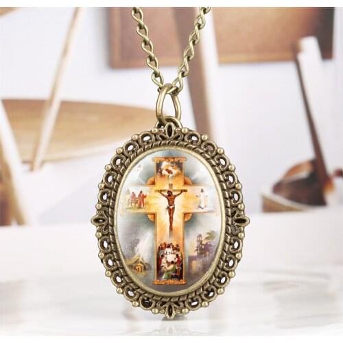 Retro Bronze Jesus Cross Theme Quartz Pocket Watch Pendant Necklace Watch for Men Women Exquisite Jewelry Clock Gifts New 2019