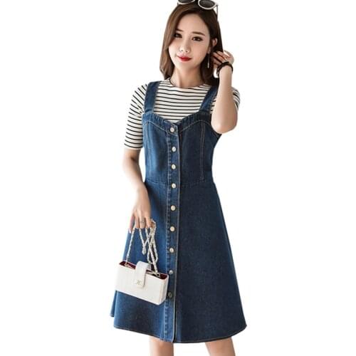 Large size 4XL 5XL Women Denim Strap Dress 2021 Summer Slim Chest Button Detachable Jean Dress Sleeveless Casual Denim Dresses