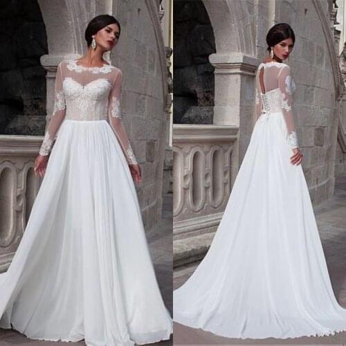 Elegant Chiffon A-line Wedding Dress With Lace Appliques Bridal Gowns with Sleeve Illusion Applique Bridal Gowns Casamento