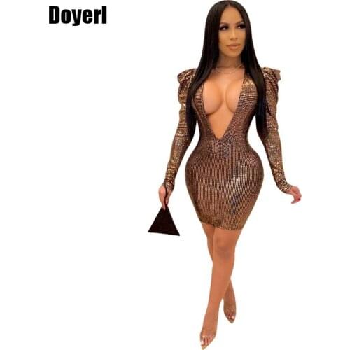 Deep V Neck Sexy Party Dress Women Sequin Bodycon Dress Autumn Winter Long Sleeve Elegant Sparkly Glitter Tight Mini Club Dress