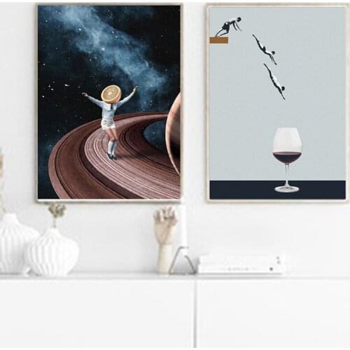 Canvas Nordic Pictures Home Decoration Starry Sky Girl Wine Glass Painting Wall Art HD Print Creative Poster Modular Living Room