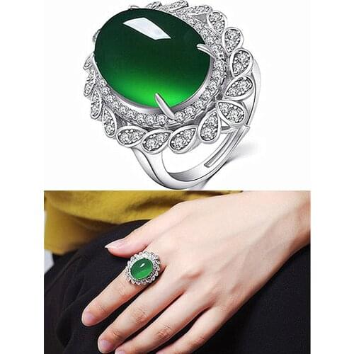 Big luxury royal flower green jade crystal emerald gemstones diamond rings for women white gold silver color jewelry bijoux gift